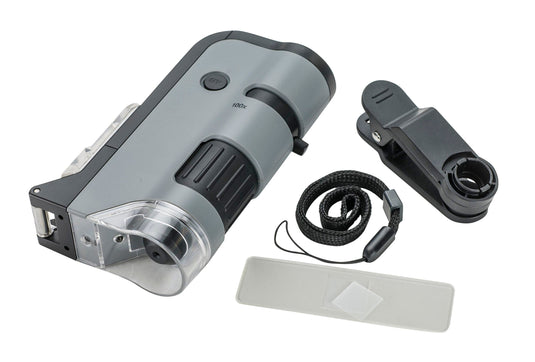 MicroFlip 100x-250x LED UV Lighted Pocket Microscope with Smartphone Clip