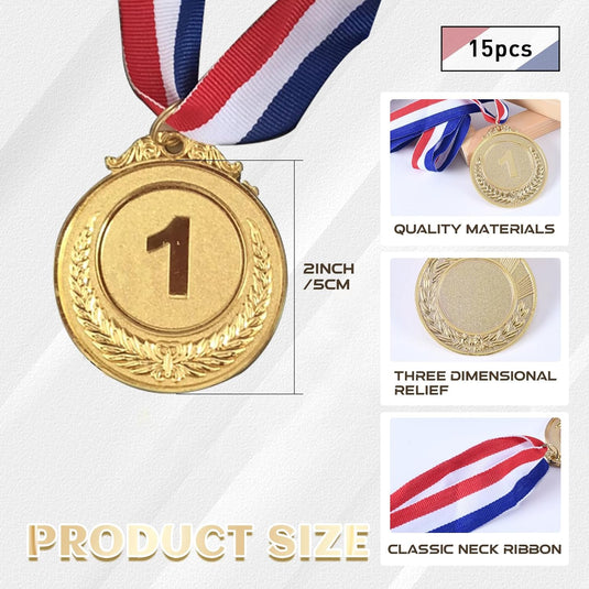 Gold Silver Bronze Medals with Ribbons 15 Pack