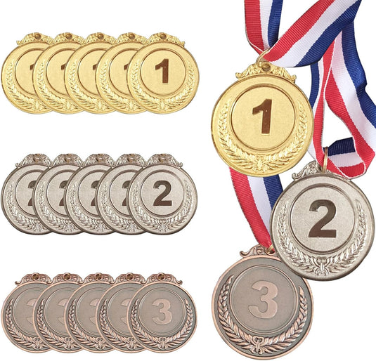 Gold Silver Bronze Medals with Ribbons 15 Pack